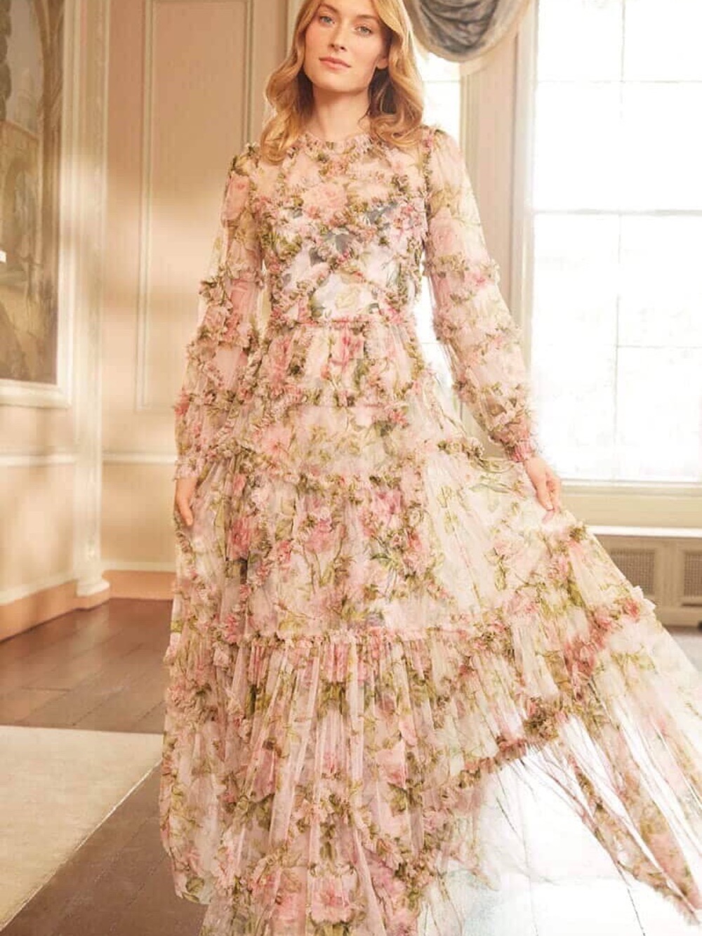 NEEDLE AND THREAD - Sheer Pink Floral Tiered Long-Sleeve Maxi Dress